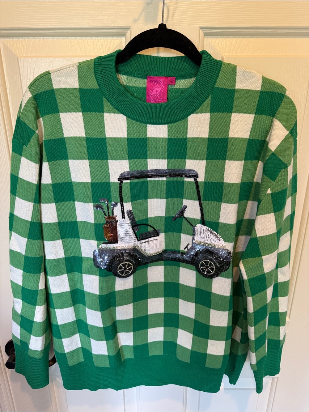 Queen of Sparkles Green and White Check Golf Cart Knit Sweater
